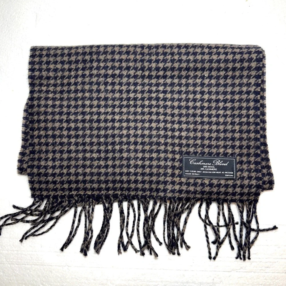 Cashmere Wool Black and Tan Houndstooth Scarf made in Italy 🇮🇹